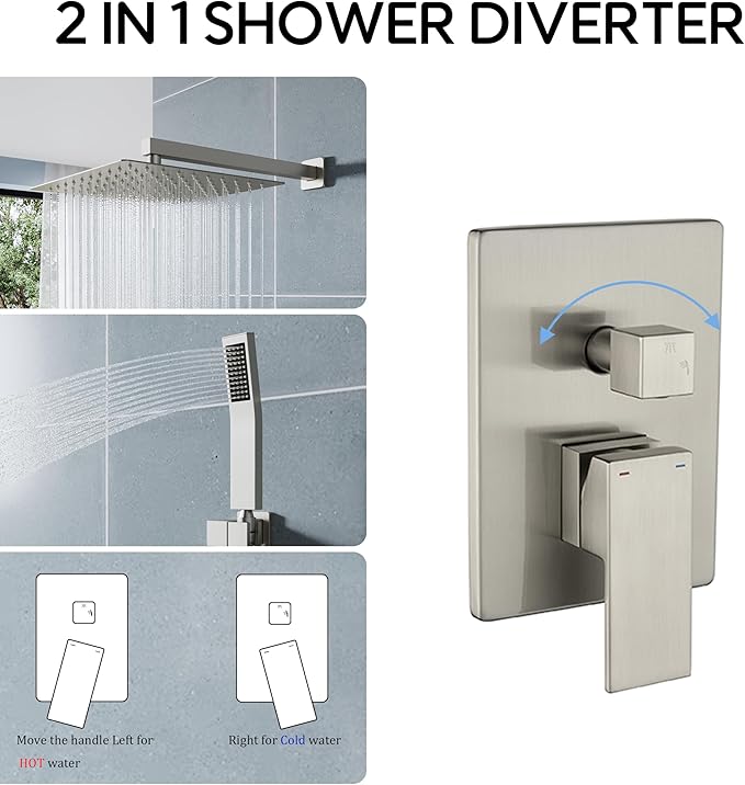 WELLFOR 12-In Wall Mounted Rain Shower Faucet with Single Handle and Handheld Spray, Waterfall Dual Head Shower Head System with 2-way Diverter, Pressure-balanced Valve Included, Brushed Nickel