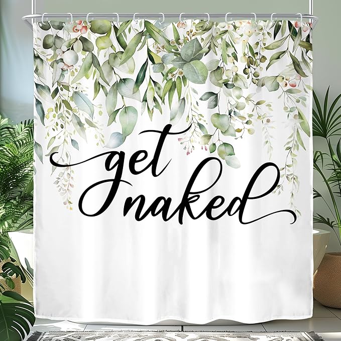 Riyidecor Sage Green Eucalyptus Leaves Shower Curtain for Bathroom Decor 72Wx72H Get Naked Bible Verse Spring Watercolor Floral Botanical Art Printed Fabric Polyester Waterproof 12 Pack Metal Hooks