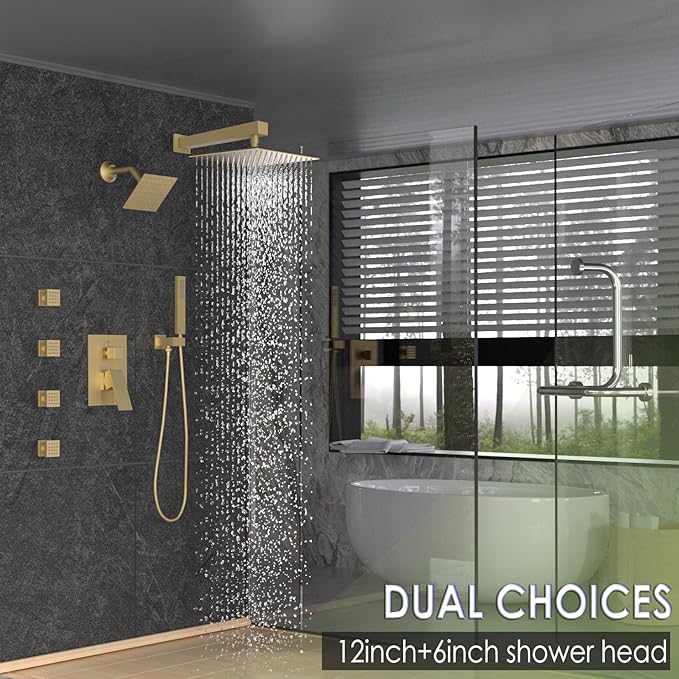 Enga Dual Shower Head System with Body Jets, 12"+ 6" Wall Mounted Dual Rain Shower Faucet with Valve Kit, Brushed Gold
