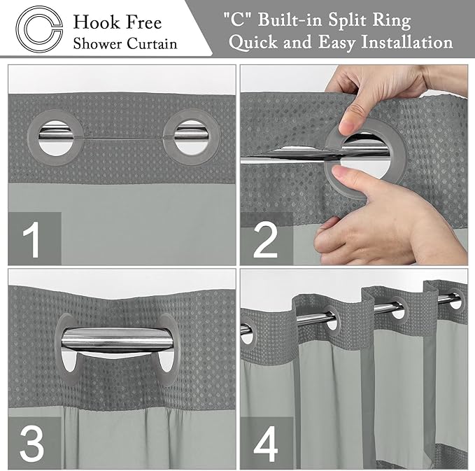 Gibelle Extra Long Shower Curtain 72x86, Waffle Weave Bathroom Shower Curtain with Snap-in Fabric Liner Set, No Hooks Needed, Hotel Style with Mesh Top Window, Grey
