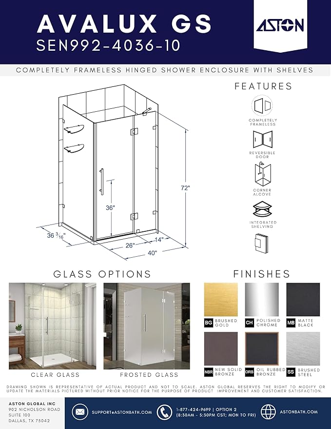 Avalux GS 40 in. W x 36 in. D x 72 in. H Rectangular Pivot Frameless Corner Shower Enclosure in Bronze with Clear Glass