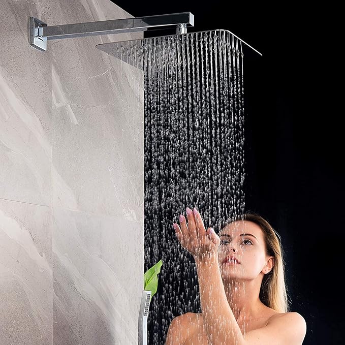 Voolan 16" Square Shower Arm with Flange and Teflon Tape, Extension Shower Head Arm for Bathroom Fixed Shower Head, Solid Stainless Steel, Wall Mounted (Chrome)