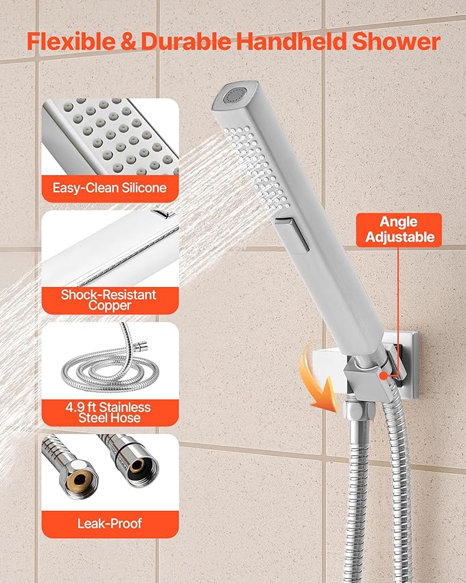 VEVOR Shower Faucet Set, 10 Inch Ceiling Mount Rainfall Shower System with 6 Body Jets and 2 in 1 Handheld Spray, Rotatable 3-Function Rain Head System Set, Complete Brass Valve and Trim Kit, Chrome