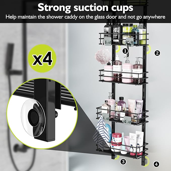 Orimade Over the Door Shower Caddy Adjustable 5 Tier Black,Bathroom Hanging Organizer Shelf Rustproof with 4 Hooks,Shower Basket with Soap Holder and Suction Cup