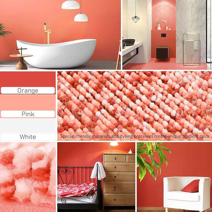 Yimobra Bath Mats for Bathroom Non Slip, 36x24, Extra Soft Chenille Bathroom Rugs, Luxury Fluffy Long Matts for Tub, Plush Shaggy Carpet, Water Absorb, Machine Washable, Orange & Pink