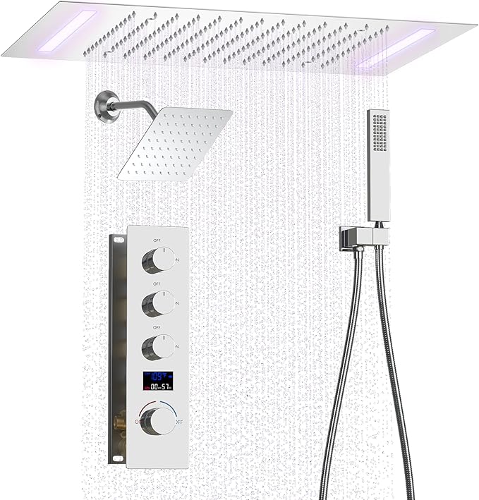 Shower System Chrome Shower Faucet Set with 14X20 inch Ceiling Mount Shower Head and 8 inch Wall Mount Shower Head, Handheld Shower, with Temperature Display Function