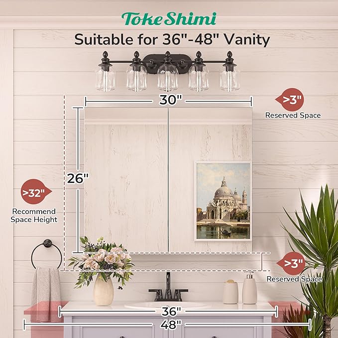 TokeShimi 30 x 26 Surface Mount Medicine Cabinet Mirror for Bathroom Black, Aluminum Recessed Medicine Cabinet Mirror with Storage with Stepless Adjustable Shelves Modern Farmhouse