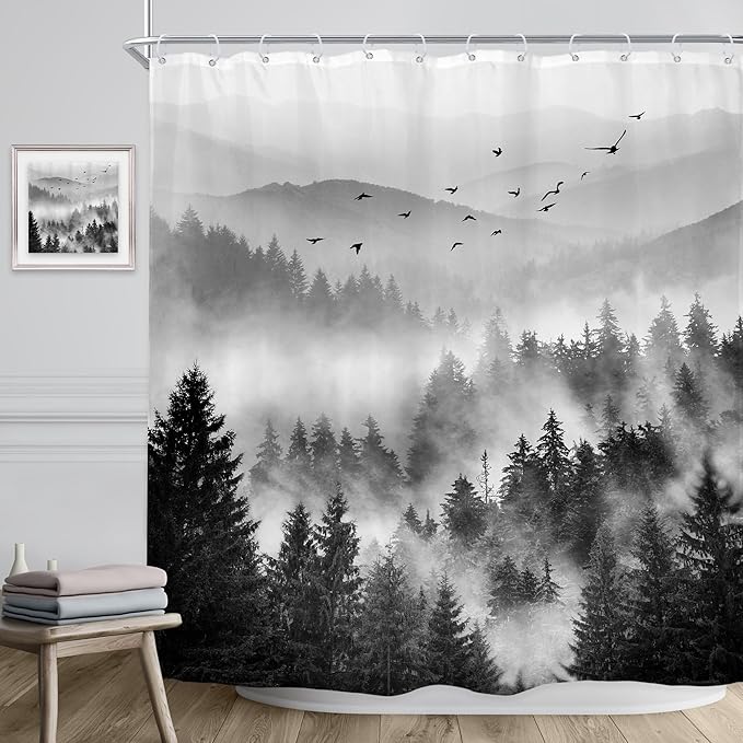 Riyidecor Extra Long Black and White Shower Curtain 72Wx84H Inch Misty Nature Mountain Tree Foggy Scene Alpine Natural Botanical View Pine Wood Bathroom Decor Fabric Polyester Waterproof 12 Pack Hooks