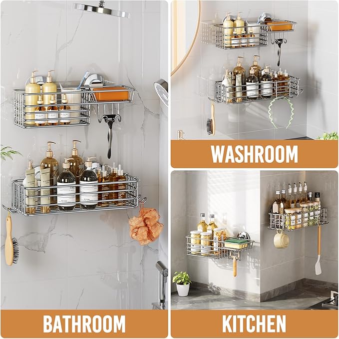 LEVERLOC Shower Caddy Suction Cup, Shower Organizer Removable Bathroom Shelf, Storage Suction Powerful Max Hold 22lbs Bathroom Caddy Waterproof Holder, Silver