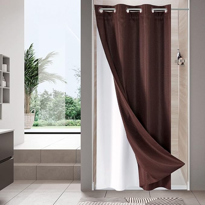 MitoVilla Brown Waffle Small Stall Shower Curtain Liner Set 36 x 74, No Hooks Required Half Size Narrow Fabric Shower Curtain Set with Snap-in Liner for Modern Farmhouse Bathroom Decor, Dark Brown