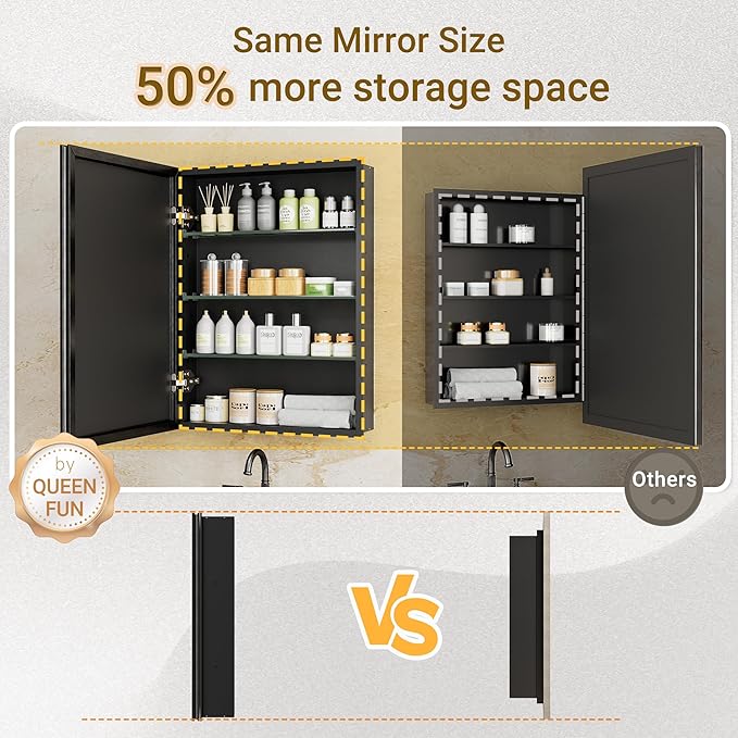20x26 Pre-Assembled Black Medicine Cabinet with Mirror, Surface or Recessed Medicine Cabinet Mirror for Bathroom, Aluminum Beveled Frame Bathroom Vanity Mirror with Adjustable Shelves Storage