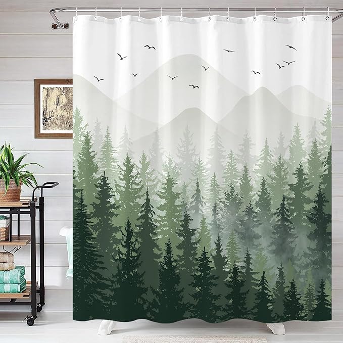 Aipon Green Misty Forest Shower Curtain Ombre Nature Tree Plants Shower Curtains Fabric Waterproof Mountain Shower Curtain Sets for Bathroom Bath Decor with 12 Hooks (Green, 72'' × 72'')