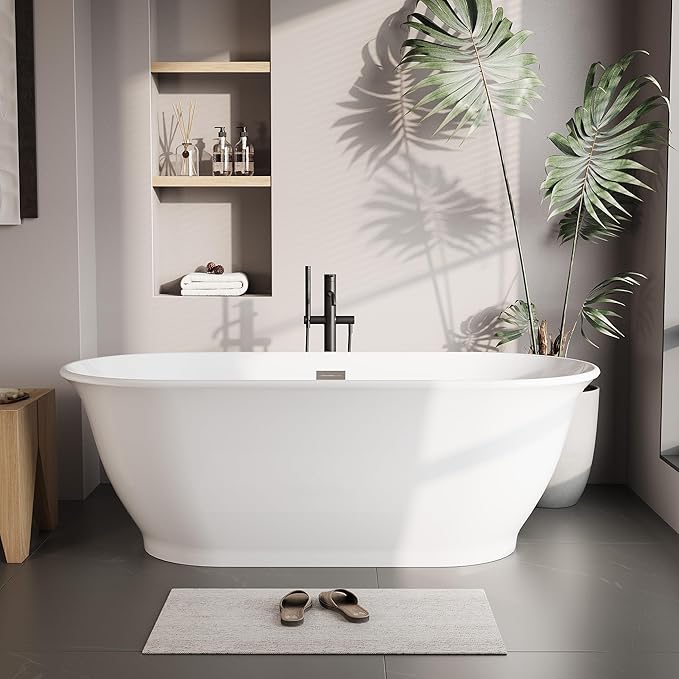 Freestanding Bathtub, 59 Inch Acrylic Soaking Tub, Elliptical Design with Chrome Drain & Overflow, White Finish for Contemporary Bathrooms