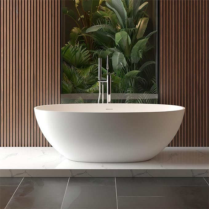 Abruzzo 65" Matte White Freestanding Solid Surface Bathtub, Luxury Handcrafted Stone Resin Freestanding Soaking Bathtub with Overflow and Pop-up Drain