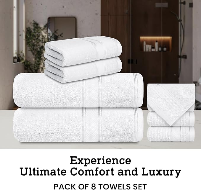 Casa Lino Bath Towel Set of 8 (2 Bath Towels, 4 Wash Cloths & 2 Hand Towels for Bathroom) - 100% Cotton - Highly Absorbent & Quick Dry - Guest Room Essentials for Bathroom Set - (White)
