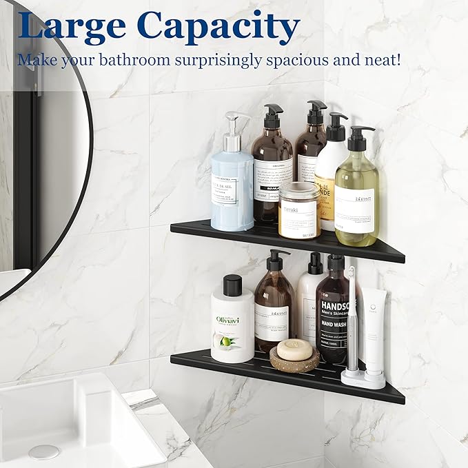 Corner Shower Shelves, 12” Recessed Tile Shower Shelf, 304 Stainless Steel Grout in Corner Tile Shower Shelves, No Drilling, Matte Black, 2 Pack