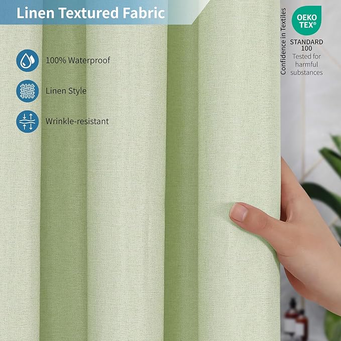 2-in-1 Waterproof Extra Long Fabric Shower Curtain or Liner,Linen Textured,84 Inch Breathable TPU & Washable Bathroom Shower Curtain Set with 12 Plastic Hooks,Modern,72"x84",Green
