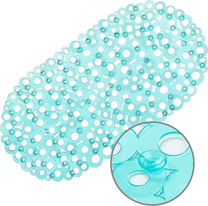 WELTRXE Oval Bathtub Mat Non Slip, Clear Teal Bubbles Bath Mats for Tub, Shower Mat with Drain Holes, Suction Cups, Machine Washable Bath Tub Mat, BPA, Latex, Phthalate Free for Bathroom, 27 x 14 Inch