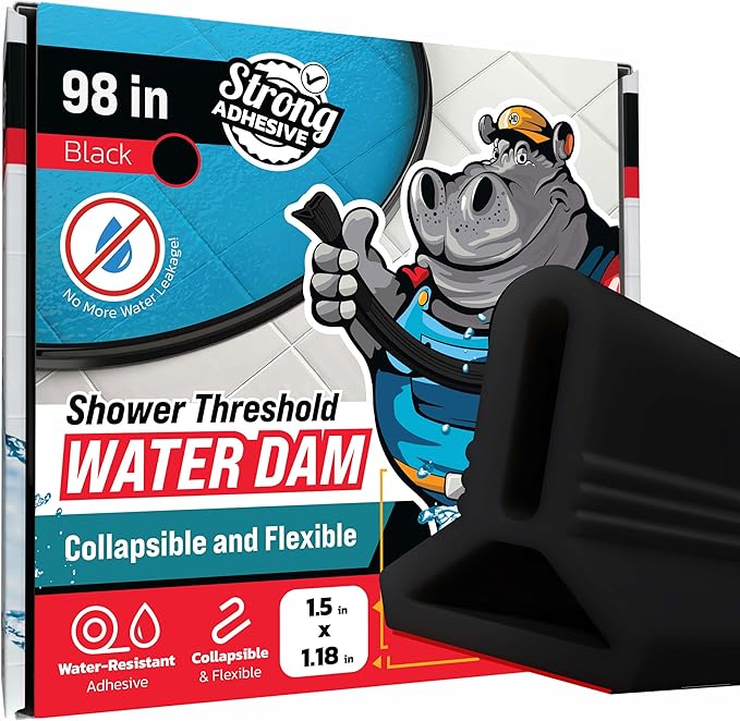 Shower Threshold Water Dam Barrier 98" - Black Collapsible Shower Water Blocker - Shower Guard for Walk in Shower - Water Guard Stopper for Floor - Shower Dam - 1.5" Tall - By Hippo Dam