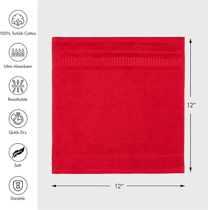 Melissa Linen, Soft Washcloths Set of 4 100% Turkish Cotton Small Hand Towels for Bathroom, Face, Kitchen and Body, 12" x 12" Quick Dry, Absorbent Wash Cloths - Red Washcloths
