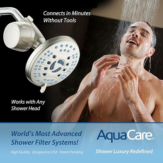 AquaCare Skin & Hair - World's Only Universal Shower Water Filter for All Shower Head Types with ON/OFF Filtration Modes, Instant Cartridge Reload & Stay-Clean American KDF Cartridge, Satin Nickel