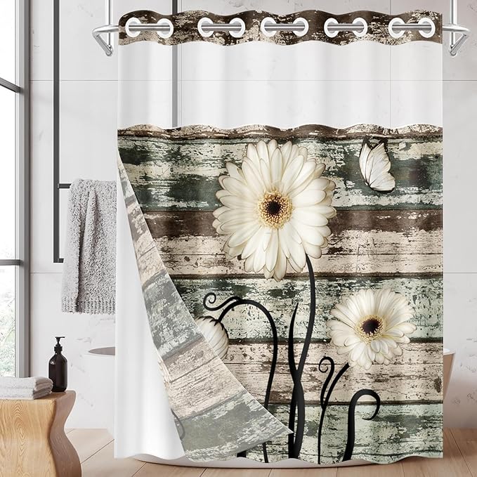 No Hook Vintage Flower Shower Curtain with Snap in Fabric Liner Set, Daisy Wooden Boards Double Layers Waterproof Fabric with See Through Top Window Open Grommet Bath Curtain 71x74 Inch