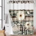 No Hook Vintage Flower Shower Curtain with Snap in Fabric Liner Set, Daisy Wooden Boards Double Layers Waterproof Fabric with See Through Top Window Open Grommet Bath Curtain 71x74 Inch