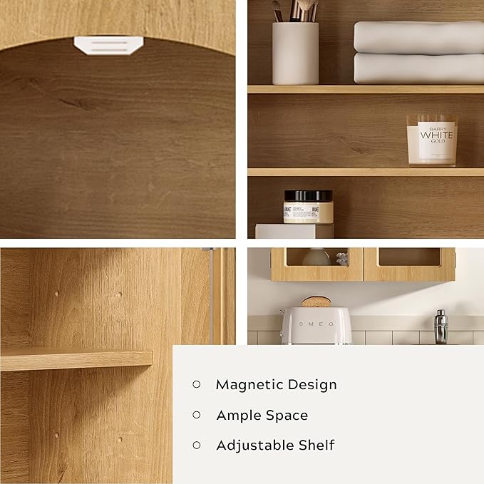 Large Arched Bathroom Wall Cabinet Modern Wooden Display Cabinet with Acrylic Doors Farmhouse Wall Mounted Cupboard Storage Organizer for Laundry Room, Dining Room, Natural Oak