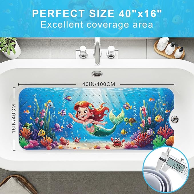 Upgrade Cartoon Baby Bath Mat Non Slip - 40"x16" Extra Long Bathtub Mat for Baby Eco Friendly Durable Bath Mat for Tub Non Slip Kids Tub Mat with Suction Cups, Machine Washable and No Fading, Mermaid