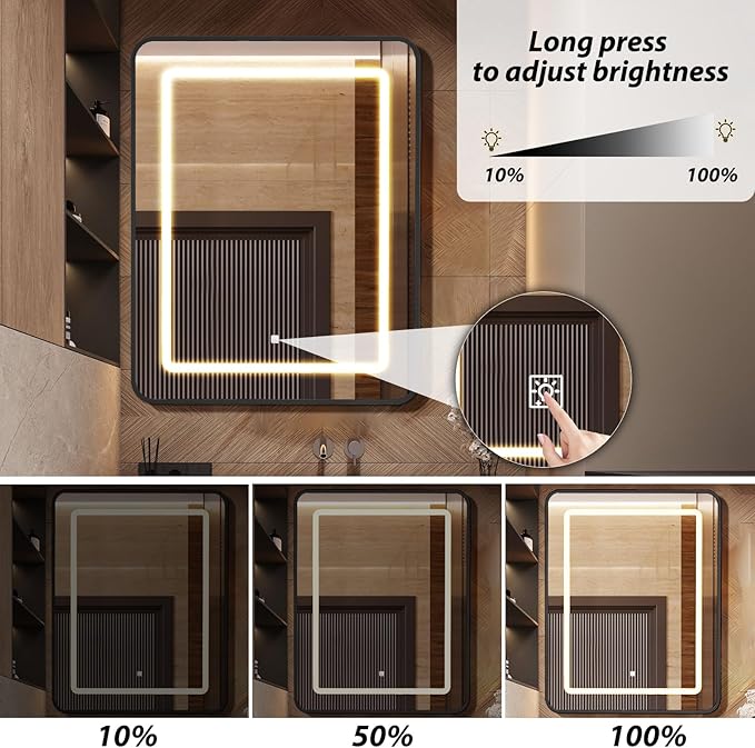 APRILSOUL 24X30 Inch Black Bathroom Medicine Cabinet with Mirror, Recessed or Surface Lighted Medicine Cabinet with 3 Colors Temperature, Dimmable Light