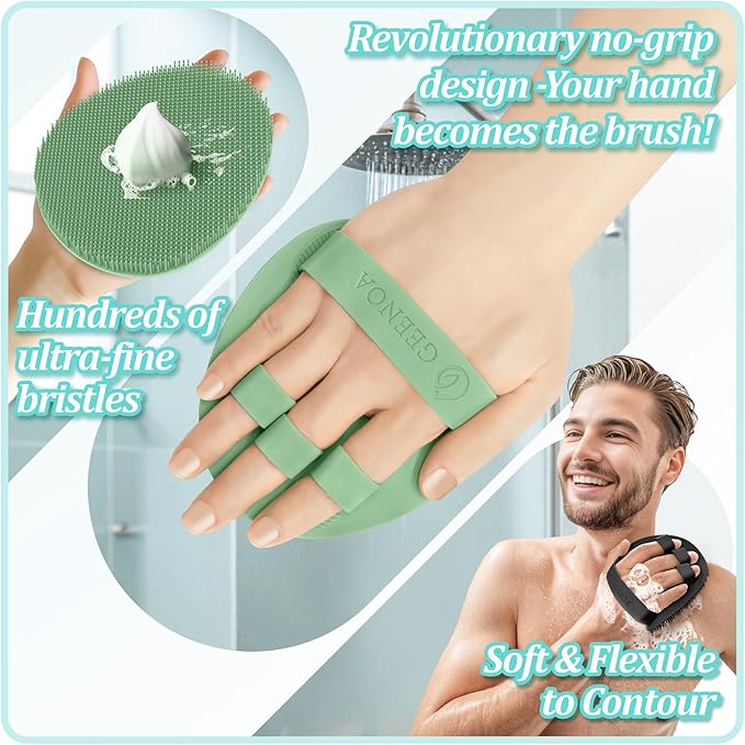 Silicone Back Scrubber & Soft Bath Glove 2PCS, 16''- 21''Extendable Back Scrubber with Dual-Side Large Head, 360° Anti-Slip Hand-fit Silicone Body Scrubber for Rich Foaming Deep Cleaning(Green)