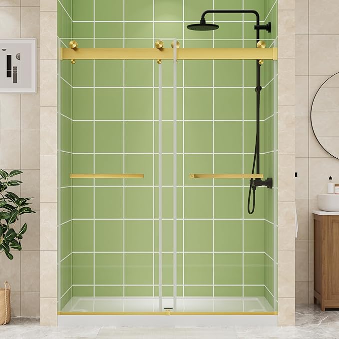 DELAVIN 56-60" W x 75" H Double Sliding Shower Door, Gold Frameless Shower Door, 1/4" (6mm) SGCC Tempered Glass, Noiseless Leak Proof Shower Doors with Square Rail, Stainless Steel, Aluminum