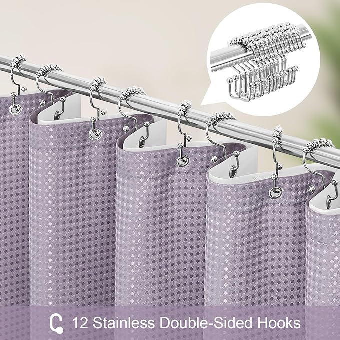 3 in 1 Shower Curtain Set, Purple Waffle Shower Curtain and PEVA Liner Set with 12 Stainless Steel Shower Curtain Hooks, Lavender Waterproof Fabric Shower Curtains for Bathroom, 72 W x 72 H