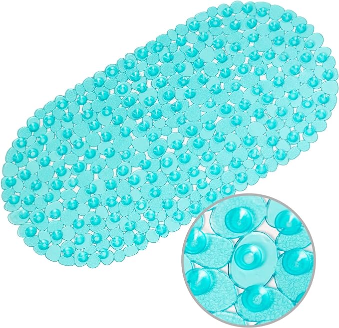 WELTRXE Pebbles Bath Mat Oval Non-Slip Bathtub Mat with Suction Cups, Drain Holes for Bathroom Showers, Tub, Machine Washable, BPA, Latex Free Safe Shower Mats, 27 x 14 Inch, Teal
