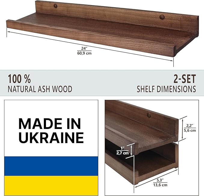 Floating Shelves for Wall 24 inch, Waterproof, Wall Storage Shelves with Lip, Display Picture Ledge Shelf for Photo Frame, Natural Wood Hanging Book Shelves (American Walnut, Set 2)