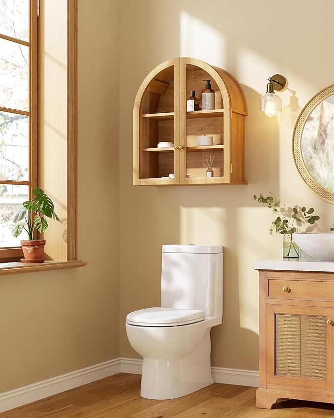 Small Arched Bathroom Wall Cabinet Modern Wooden Medicine Cabinet with Acrylic Doors Farmhouse Wall Mounted Cupboard Storage Organizer for Laundry Room, Dining Room, Natural Oak