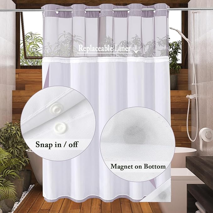 Gibelle Extra Long Shower Curtain 72x86, Waffle Weave Bathroom Shower Curtain with Snap-in Fabric Liner Set, No Hooks Needed, Hotel Style with Mesh Top Window, Lavender