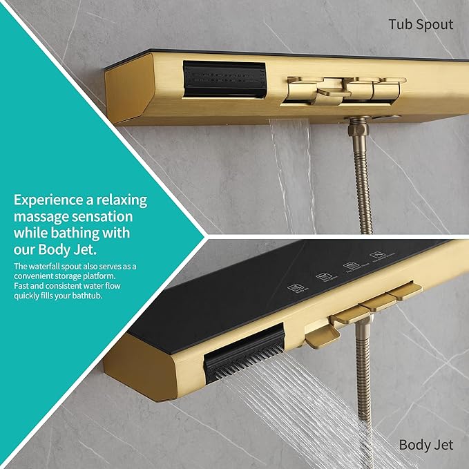 Brushed Gold Rain Shower System Combo: 10" Wall-Mounted Shower Fixtures with 2-in-1 Handheld Spray, Shower Valve with Body Jets, and Waterfall Spout Shower Faucet Set