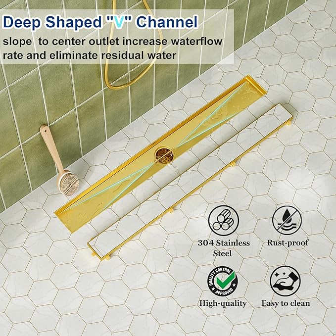Neodrain 24-Inch Gold Linear Shower Drain with Tile Insert Cover, Golden 304 Stainless Steel Rectangle Shower Floor Drain, Linear Drain with Leveling Feet, Hair Strainer, CUPC Certified