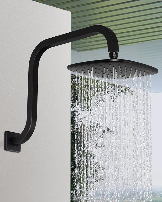 PHASAT S Shaped Square Shower Arm with Flange,High Rise Shower Head Extension Arm Matte Black,PU9H03