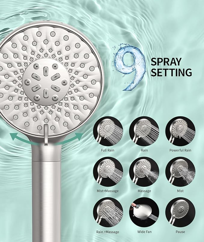 SR SUN RISE Filtered Shower Head with Handheld High Pressure 9 Spray Mode Showerhead Detachable Shower Head Water Softener Filters Beads for Hard Water Remove Chlorine 4 Filters Brushed Nickel