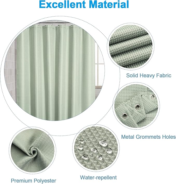 AmazerBath Waffle Stall Shower Curtain, Sage Green Shower Curtain Fabric, Hotel Quality Bathroom Shower Curtains, Heavy Duty, 36 x 72 Inches