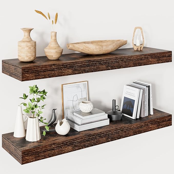 Heimlove 32 Inch Floating Shelves for Wall,Rustic Brown 9.3" Deep Floating Shelf Set of 2,Wall Mounted Shelves for Bathroom Bedroom Living Room Kitchen Office,Shelf for Books Storage Room,Home Decor