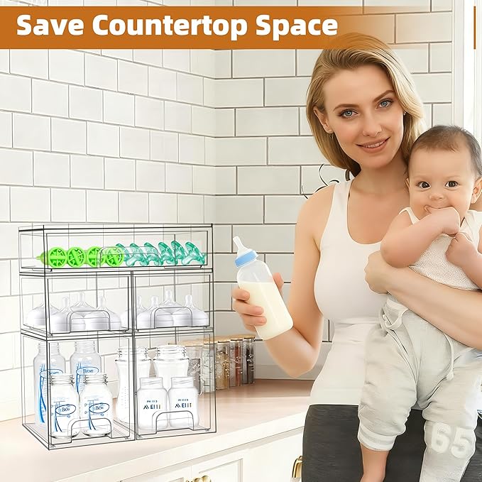 Baby Bottle Organizer, 5 Pack Stackable Storage Drawers with Labels, Clear Station Organizers Container for Pacifiers, Pump Parts, Desk Organizer Bins for Bathroom, Cabinet, Pantry, Vanity, Countertop