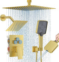 Shower Faucet Set, 12" Ceiling Mount Rainfall Shower System with 2 Rain Shower Head and Multi-function Handheld Head Push Button Diverter Shower Faucet Trim Kit (12", Brushed Gold)