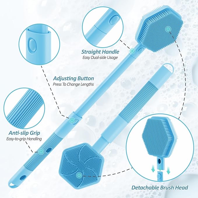 Silicone Back Scrubber for Shower, 16''-21''Extendable Shower Back Scrubber with Dual-Side Large Brush Head, 3-Length Back Brush Bath Brush with Strong Handle & Rich Foaming Bristles(Blue)