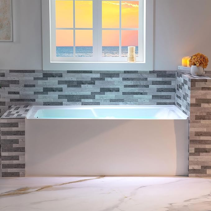 WOODBRIDGE 60" Acrylic Rectangular Alcove Soaking Bathtub in White with Left Drain, Matte Black pop-UP Drain Included BA6030L
