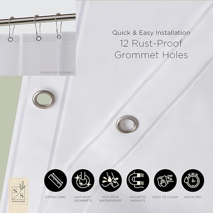 Stitch & Stone Shower Curtain Liner, Premium Medium Weight Durable Waterproof 6g PEVA for Bathroom with Weighted Magnets, Extra Long 72" x 96", Frosty 1 Pack
