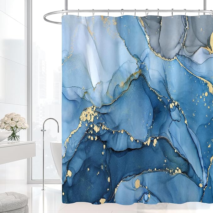 Small Stall Marble Shower Curtain 36 x 72 Inch, Half Narrow Abstract Modern Shower Curtains for Bathroom, Luxury Art Ink Texture Fabric Shower Curtain Set with Hooks, Blue