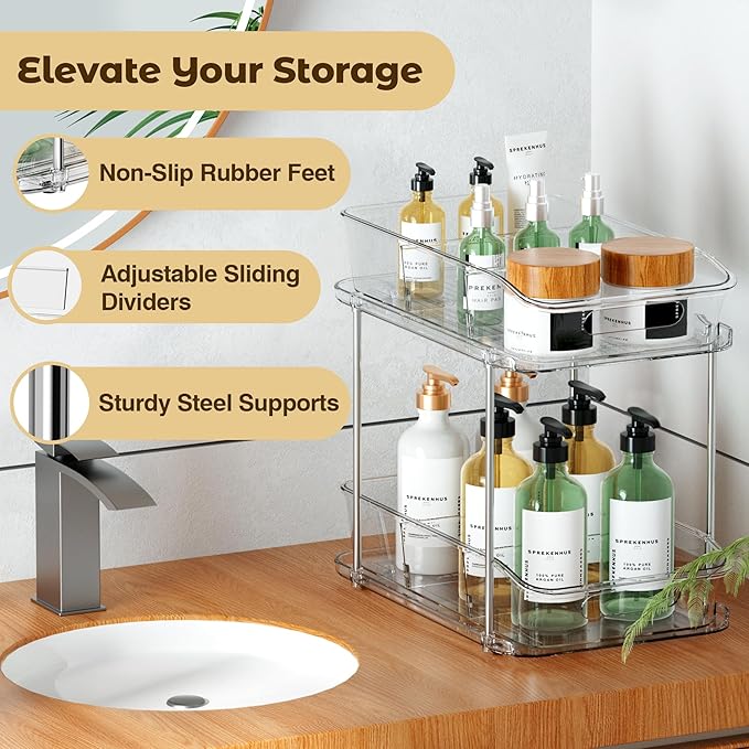 2 Tier Pull-Out Storage Organizer for Bathroom and Kitchen, Under Sink Organizer with Dividers, Ideal for Organizing Cupboard,Bathroom Vanities,Cabinet, Slide-Out Clear Storage, 4 Pack